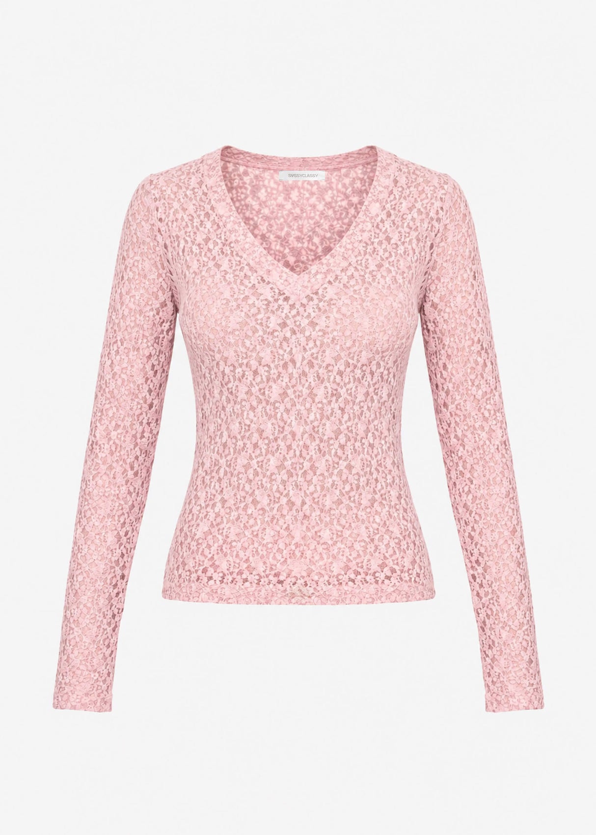 Langarm Spitzenshirt mit V-Ausschnitt - rosa