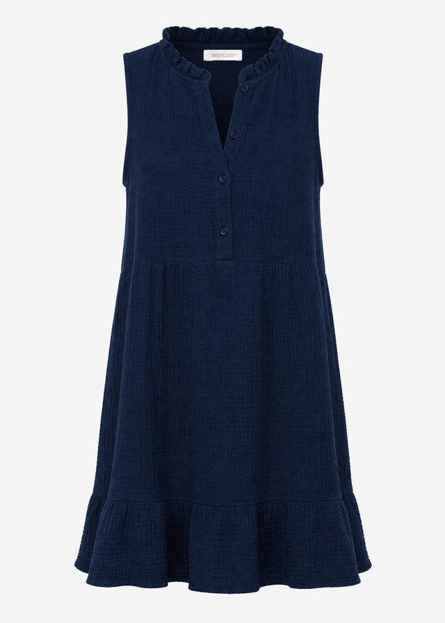Sleeveless muslin dress with flounces - dark blue