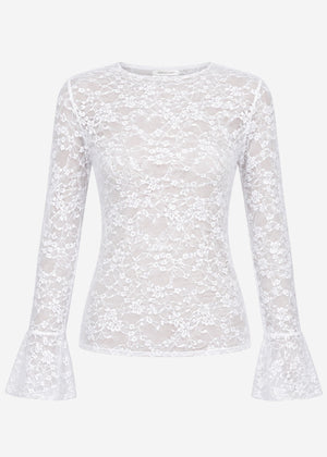 Langarmshirt aus Spitze mit Volantärmel - weiß
