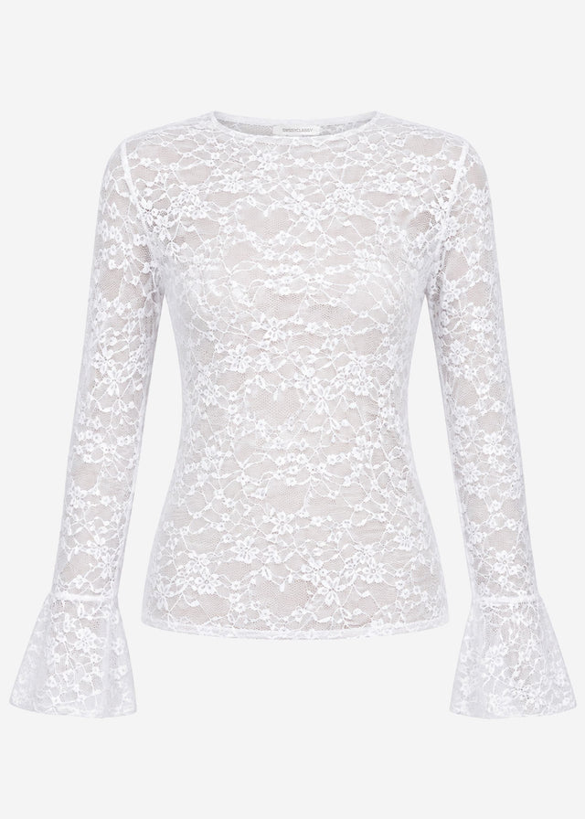 Lace long-sleeved top with flounce sleeves - white