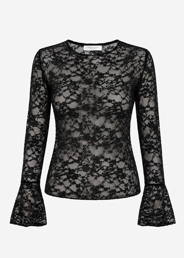 Langarmshirt aus Spitze mit Volantärmel - schwarz