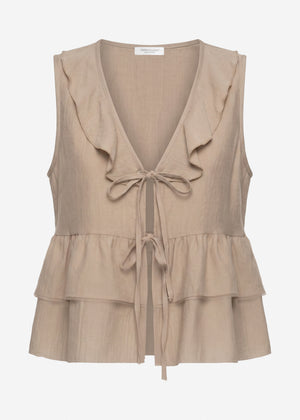 Ärmellose Volant Bluse mit Bindebänder - taupe
