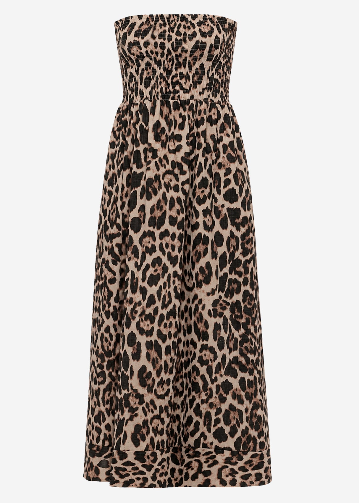 Gesmoktes Musselin Bandeau-Kleid mit Leo-Print - braun