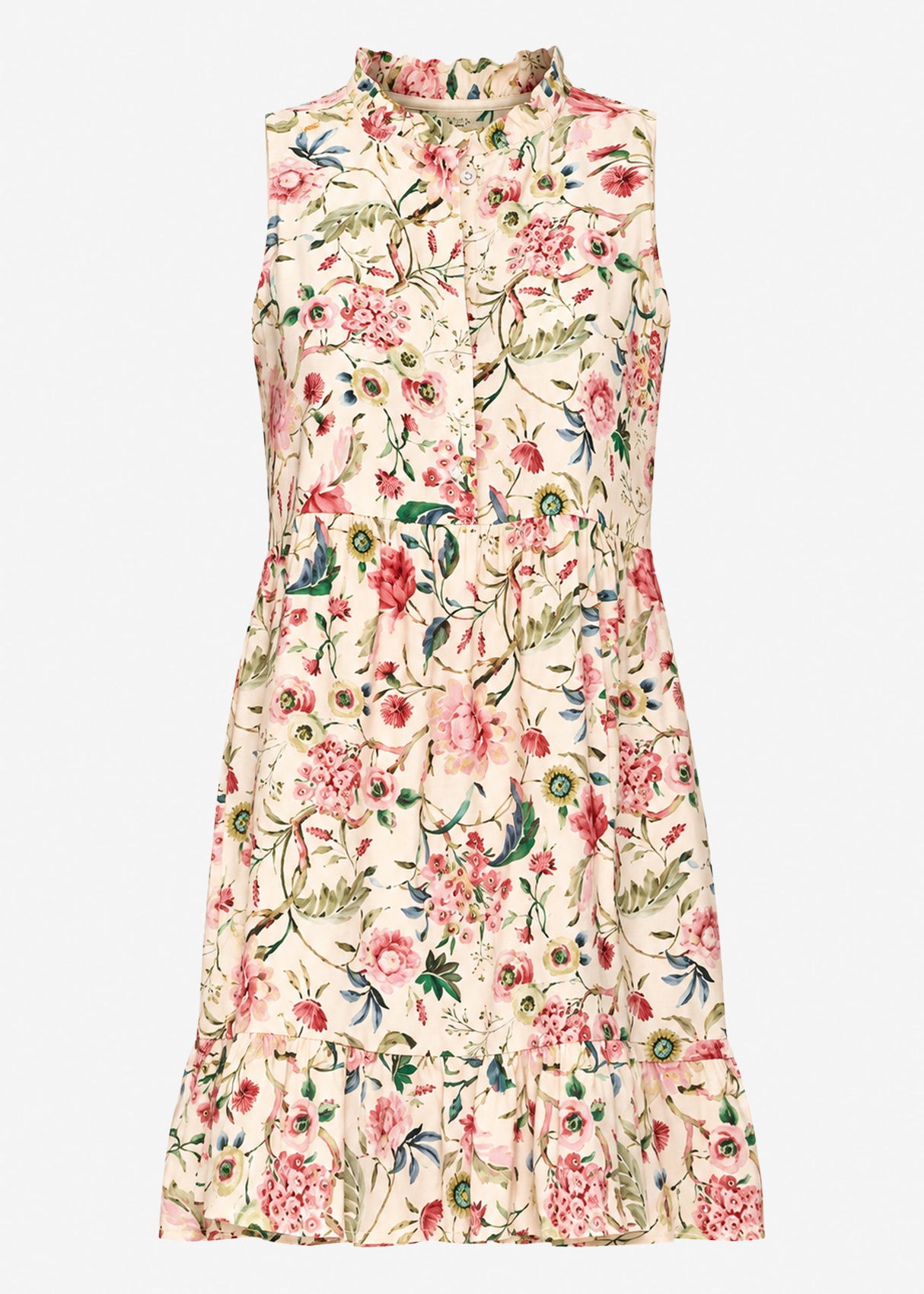 Ärmelloses Kleid mit Volants und Blümchendruck - beige