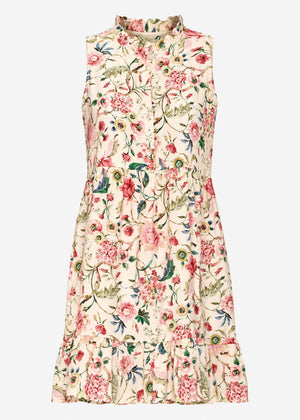 Ärmelloses Kleid mit Volants und Blümchendruck - beige