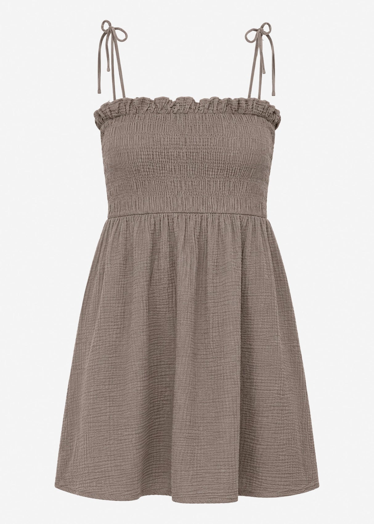 Musselin Kleid mit Smok-Oberteil und Schleifenträgern - taupe