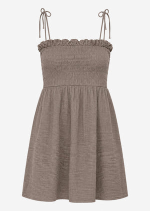 Musselin Kleid mit Smok-Oberteil und Schleifenträgern - taupe