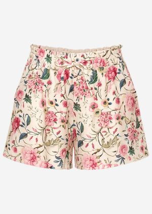 Weite Shorts mit Kordelzug und Blümchendruck - beige