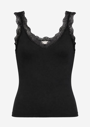 Jersey Top mit Spitze und V-Ausschnitt - schwarz