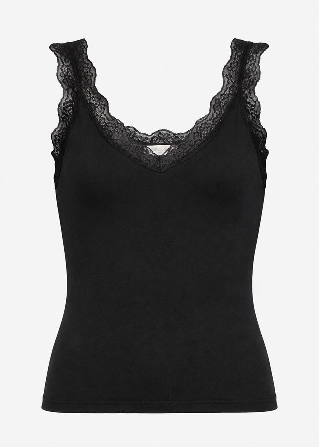 Jersey top with lace and V-neck - black