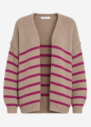Gestreifter Cardigan mit Außennähten - beige-berry