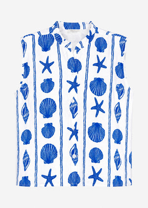 Ärmellose Bluse mit maritimem Print - weiß-blau