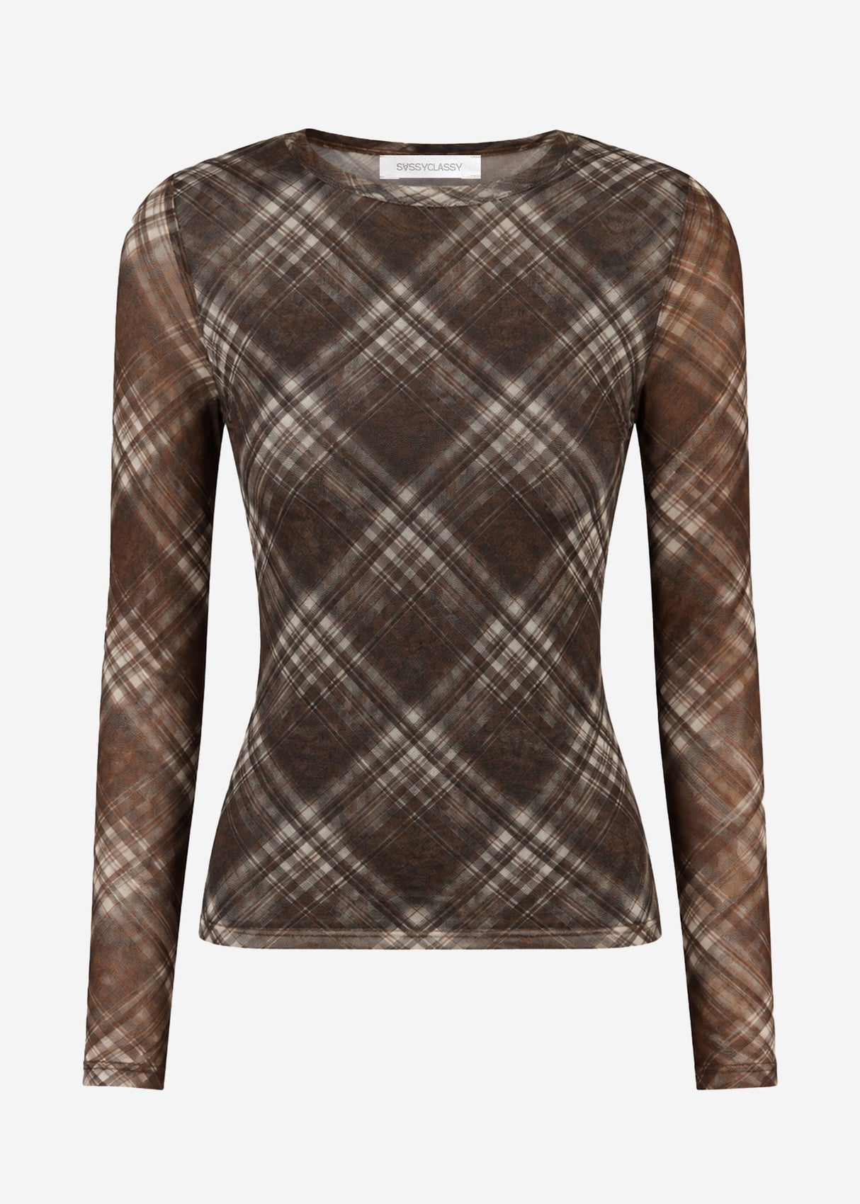 Mesh Langarmshirt mit Karo-Muster - braun