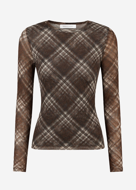 Mesh Langarmshirt mit Karo-Muster - braun