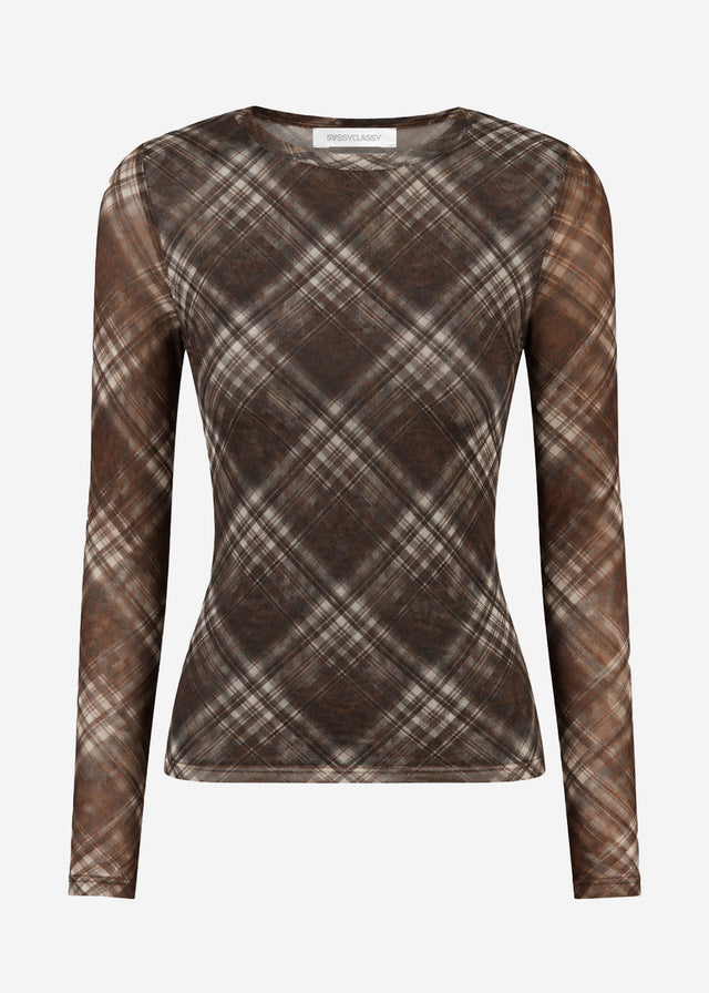 Mesh Langarmshirt mit Karo-Muster - braun