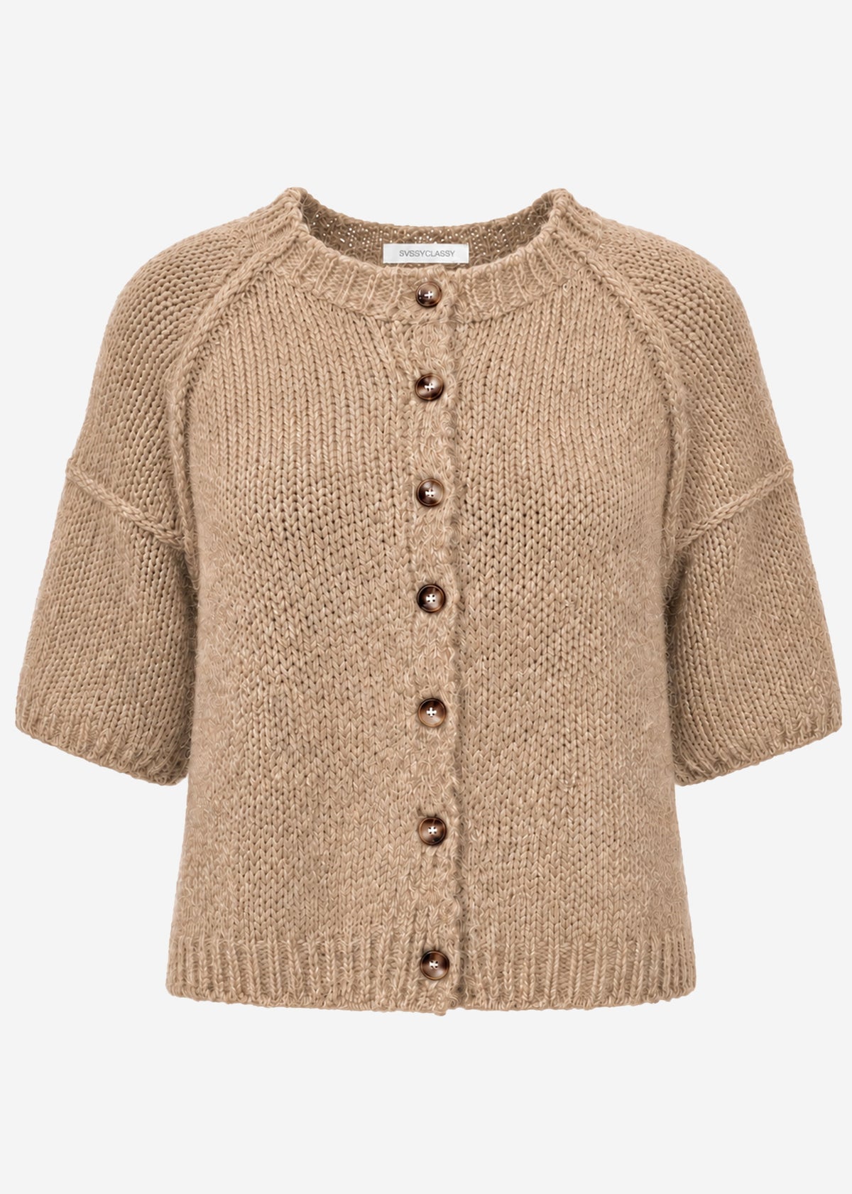 Short-sleeved cardigan with exposed seams - beige