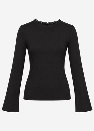 Langarmshirt mit Spitzeneinsatz  - schwarz