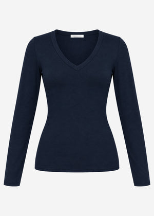 Long-sleeved top with V-neck - dark blue