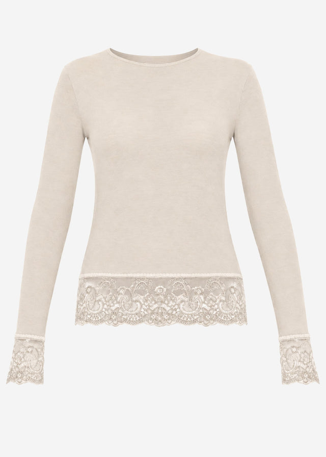 Langarmshirt mit Spitzenborte und Kaschmiranteil - beige