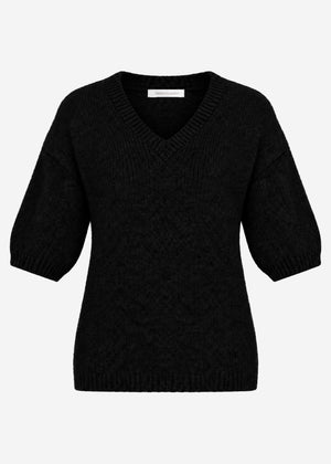 Short-sleeved knit jumper with V-neck - black