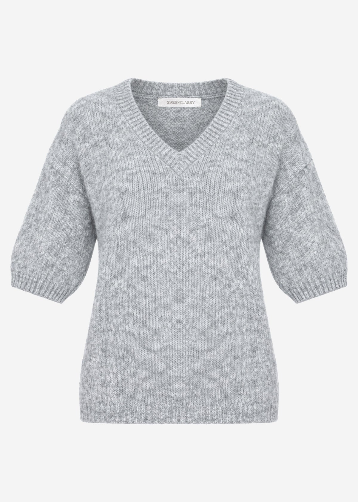 Short-sleeved knit jumper with V-neck - light grey