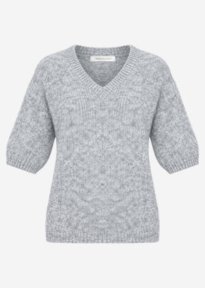Short-sleeved knit jumper with V-neck - light grey