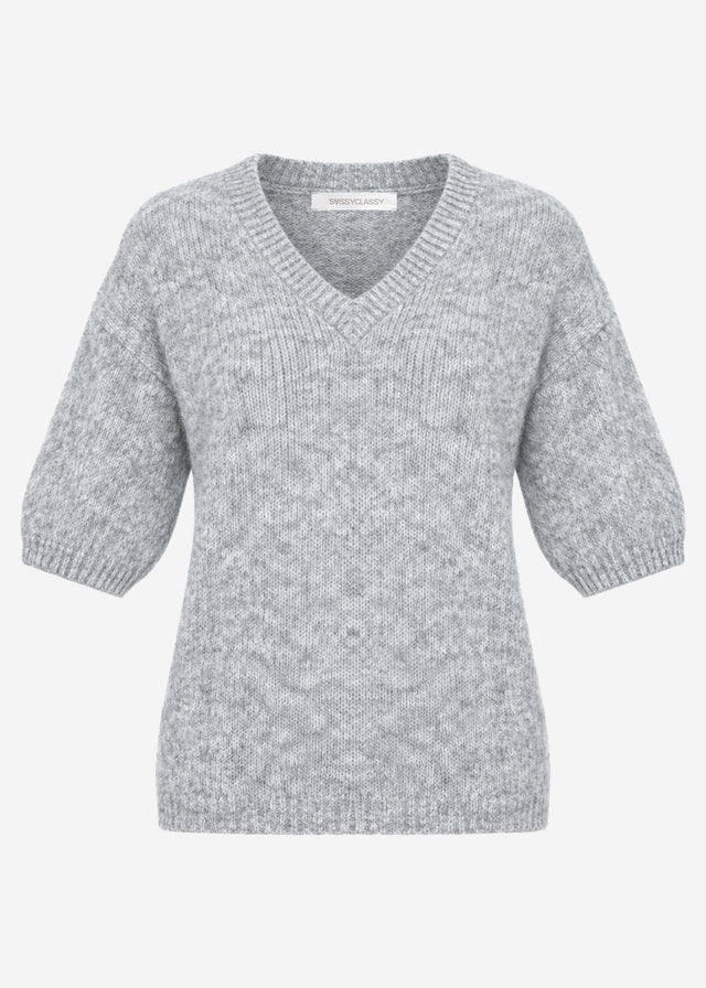 Short-sleeved knit jumper with V-neck - light grey