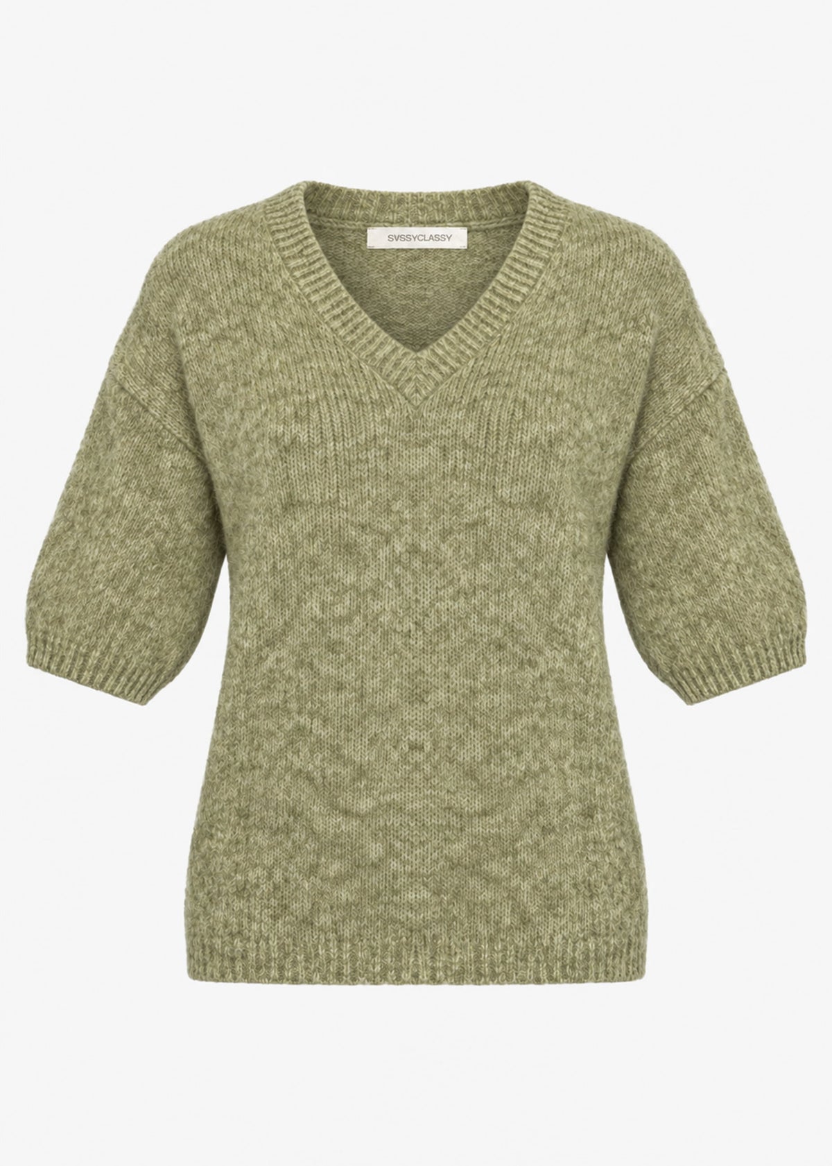 Short-sleeved knit jumper with V-neck - khaki