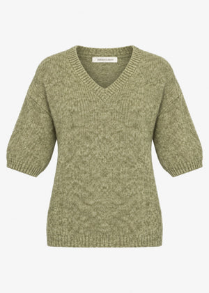 Short-sleeved knit jumper with V-neck - khaki