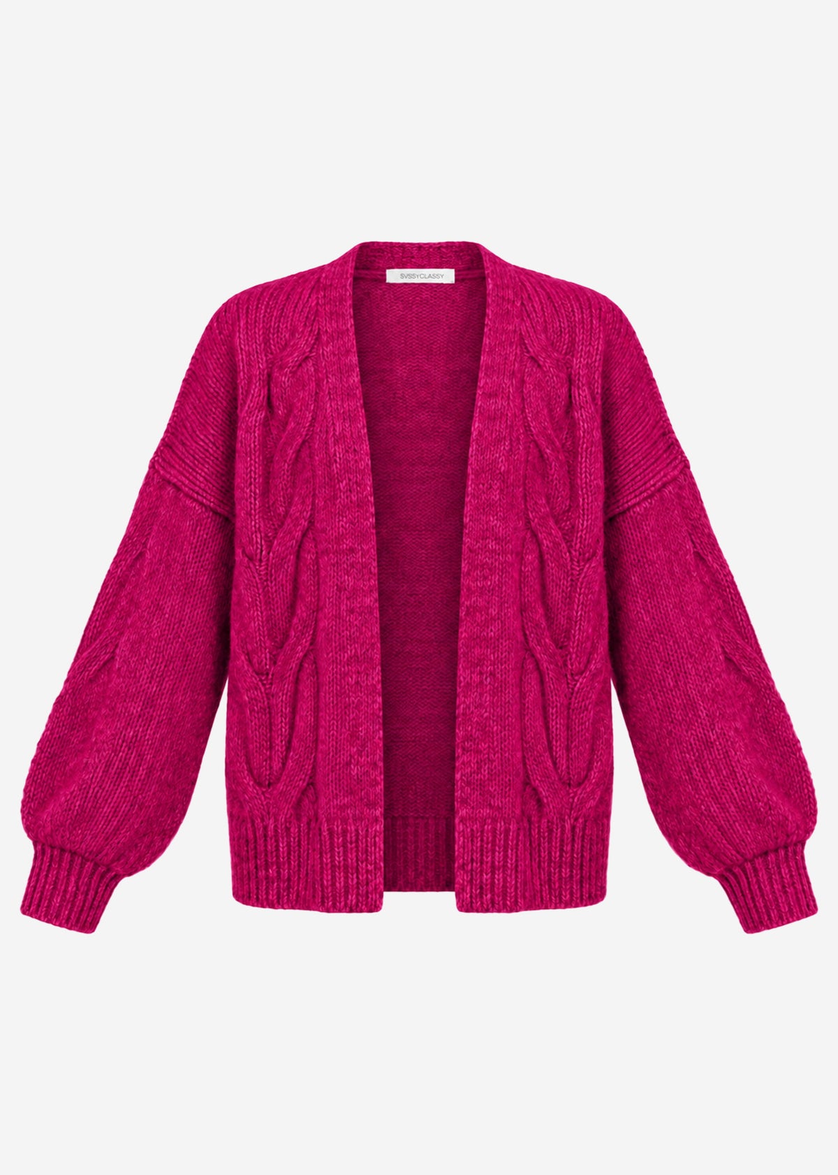 Chunky knit cardigan with cable pattern - berry