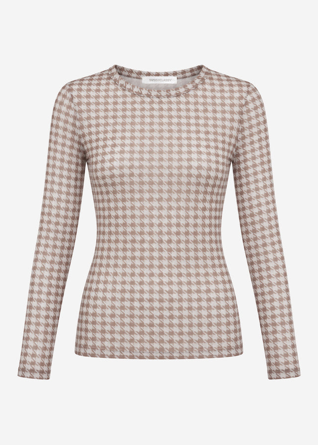 Mesh Langarmshirt mit Hahnentrittmuster - beige