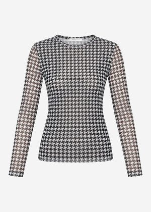 Mesh Langarmshirt mit Hahnentrittmuster - schwarz