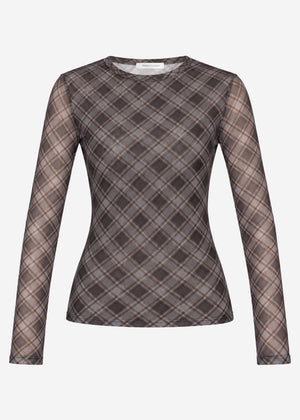 Mesh Langarmshirt mit kariertem Muster - schwarz