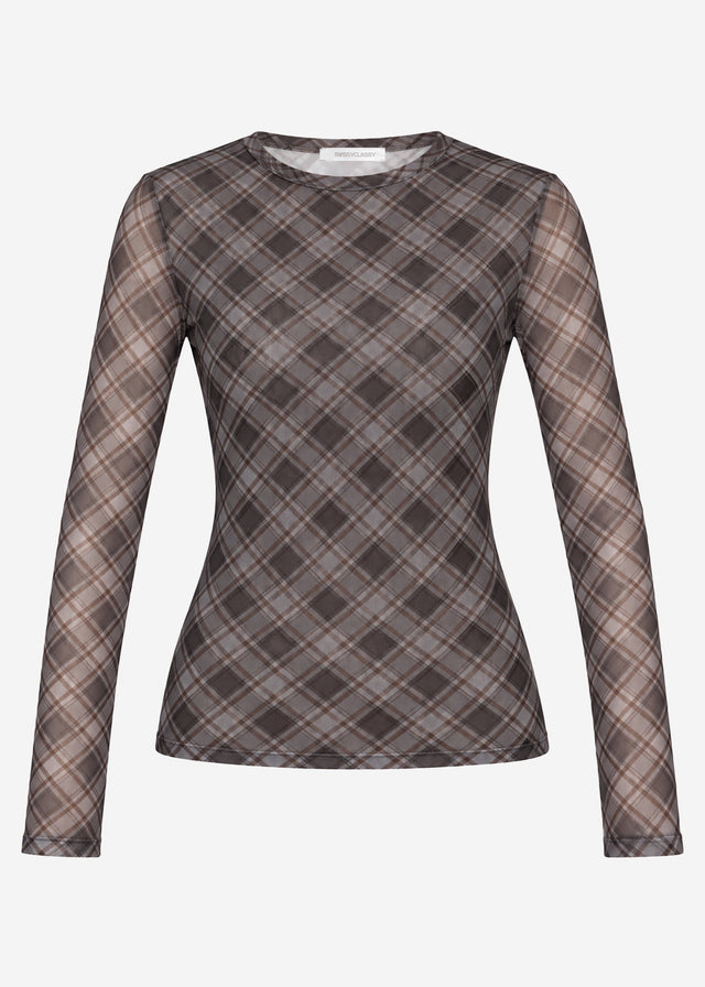 Mesh Langarmshirt mit kariertem Muster - schwarz