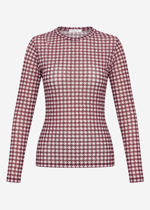 Mesh long-sleeved top with houndstooth pattern - burgundy