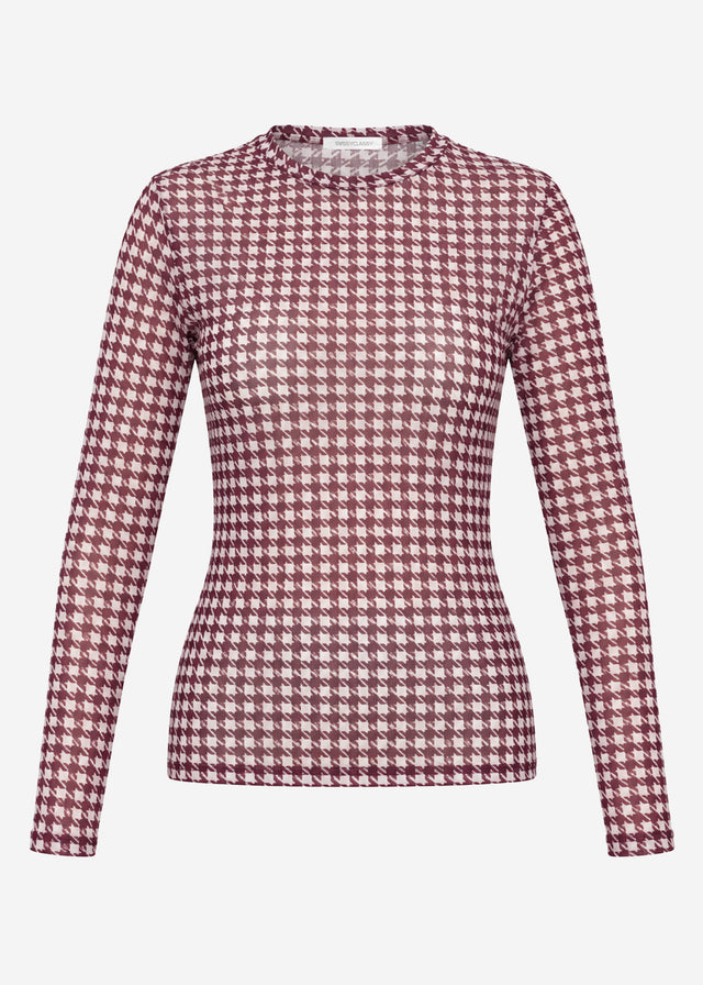 Mesh long-sleeved top with houndstooth pattern - burgundy