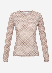 Mesh Langarmshirt mit kariertem Muster - beige