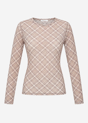 Mesh long-sleeved top with checked pattern - beige