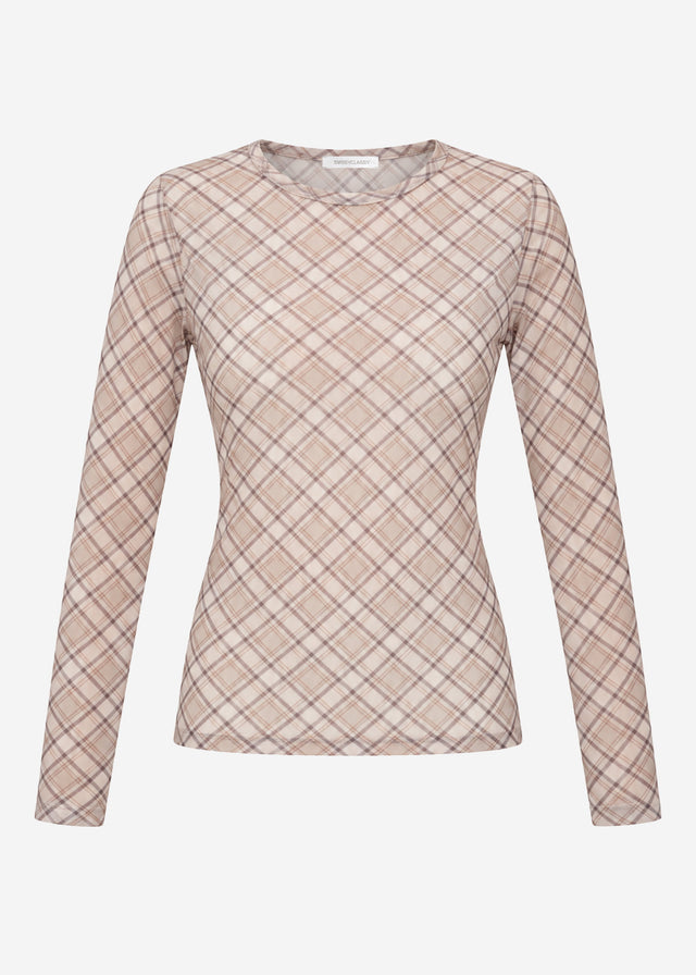 Mesh long-sleeved top with checked pattern - beige