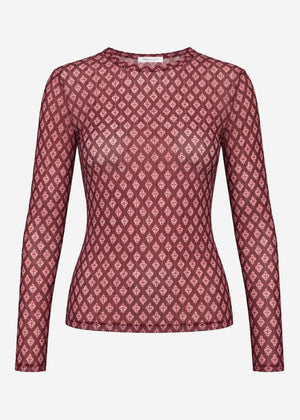 Mesh long-sleeve top with geometric pattern - burgundy