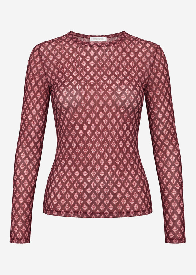 Mesh long-sleeved top with geometric pattern - burgundy