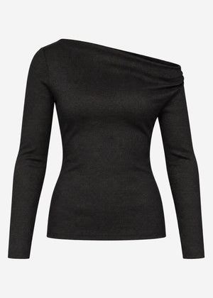 Glitter top with asymmetric neckline - black