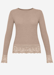Langarmshirt mit Spitzenborte und Kaschmiranteil - taupe