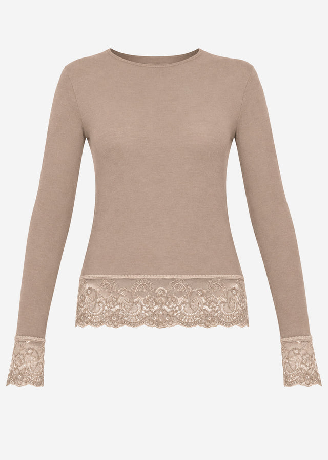 Langarmshirt mit Spitzenborte und Kaschmiranteil - taupe