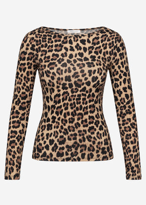 Long-sleeved top with boat neck and leopard print - brown