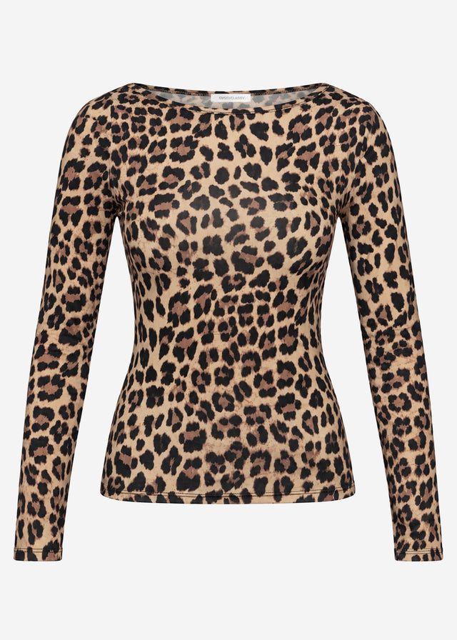 Long-sleeved top with boat neck and leopard print - brown