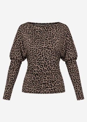 Long-sleeved top with batwing sleeves and leopard print - taupe