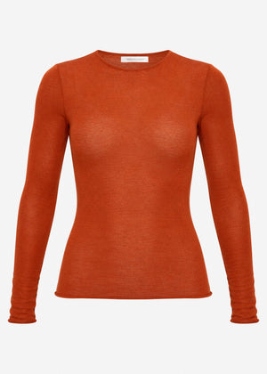 Semi-sheer long-sleeved top with crew neck - rust red