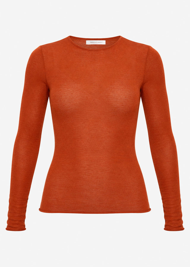 Semi-sheer long-sleeved top with crew neck - rust red
