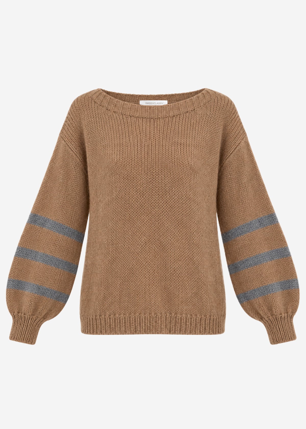 Kurzer Strickpullover mit gestreiften Ärmeln - camel